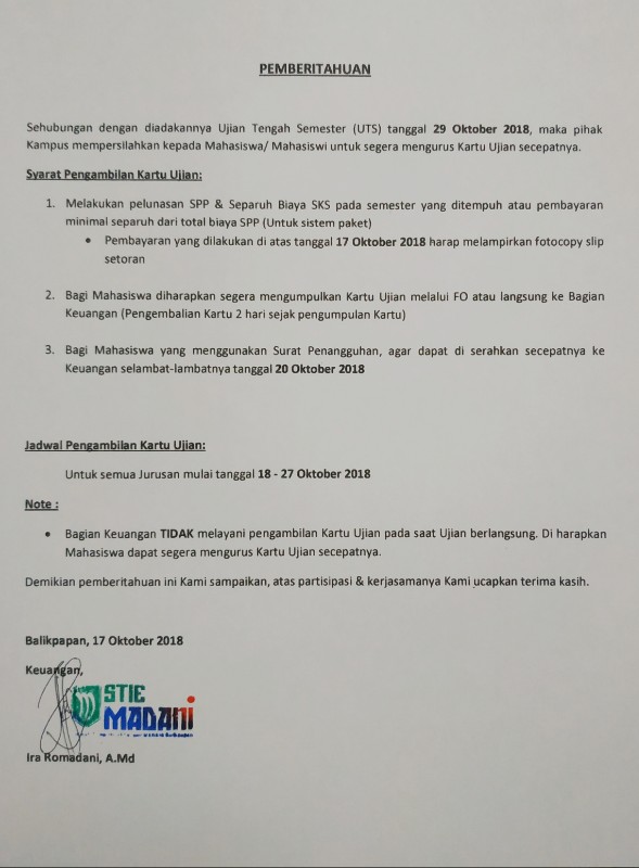 tata cara pengurusan kartu ujian