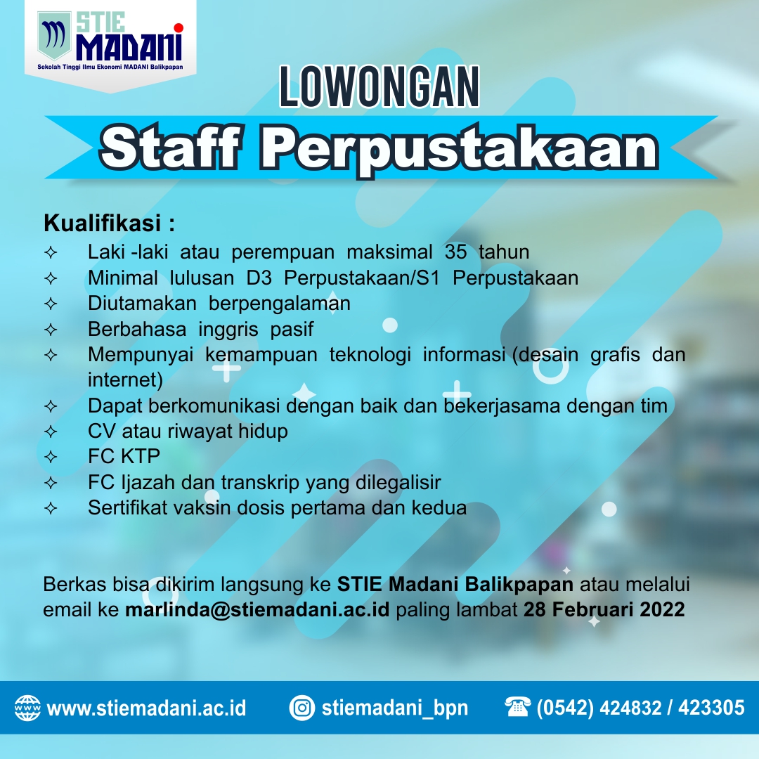 You are currently viewing Info lowongan kerja staff Perpustakaan STIE Madani Balikpapan